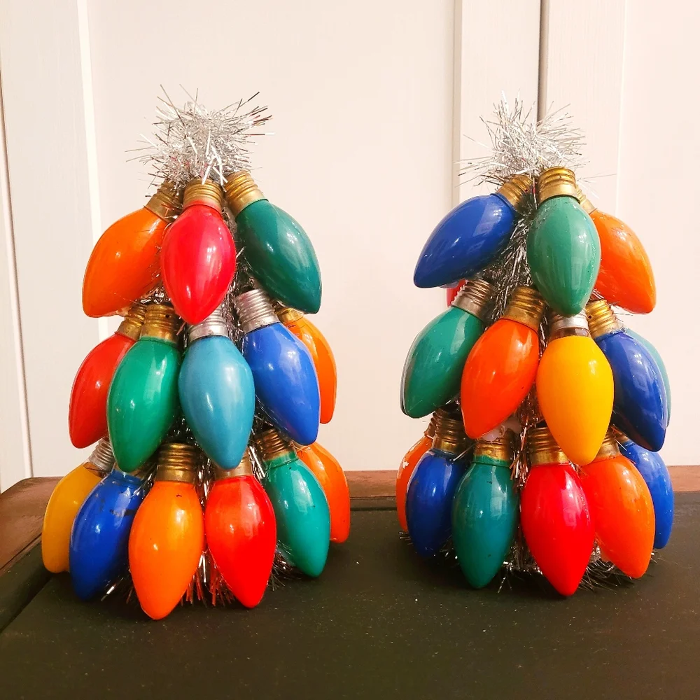 Set of 2 handmade vintage tinsel and lightbulb Christmas tree decorations